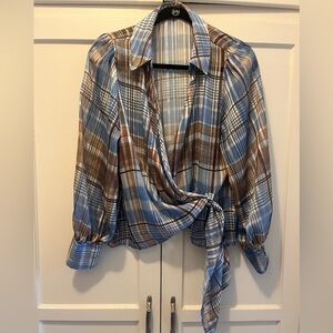 Zara Blue and Brown Sheer Plaid Wrap Blouse with metallic threads